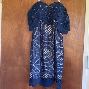 Lulus Navy Crochet Cream Strapless Cocktail Dress